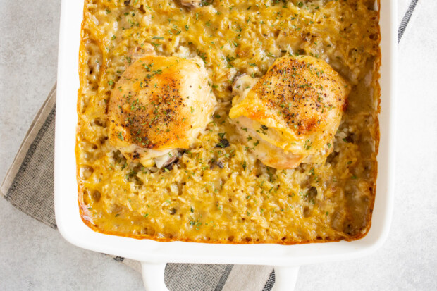 Easy Chicken and Rice Casserole in a dish.