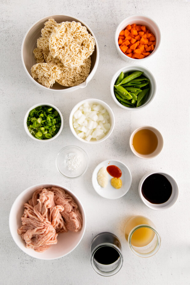 Ground Chicken Ramen Stir Fry ingredients on a table. 