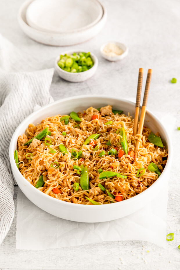 Ground Chicken Ramen Stir Fry topped with sesame seeds. 