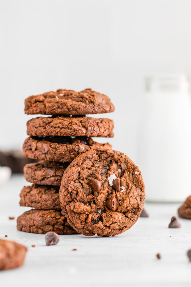 Brownie Mix Cookies stacked on top of each other. 