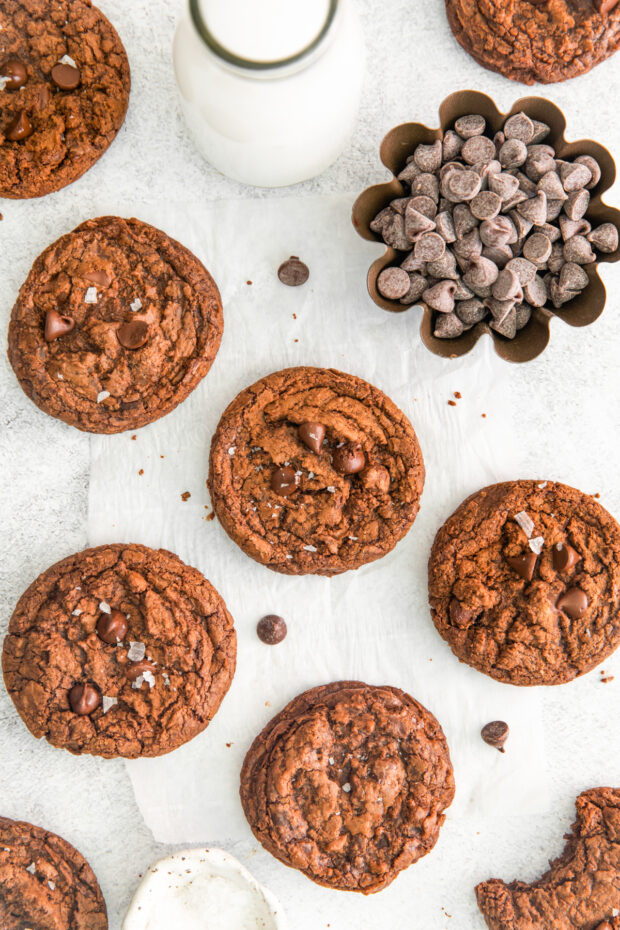 Brownie Mix Cookies sitting on a white table. 
