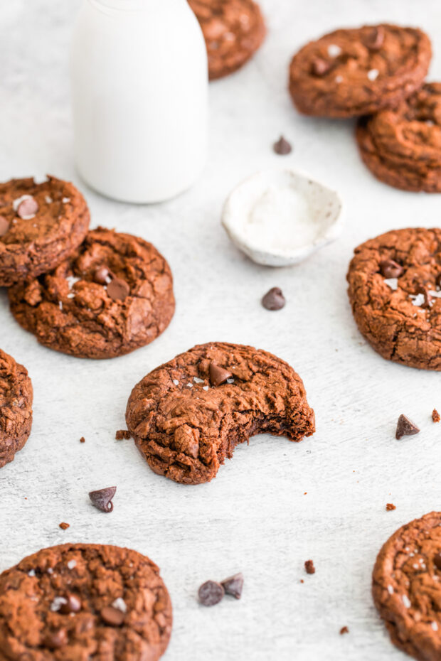 Brownie Mix Cookies with a bite taken out of it. 