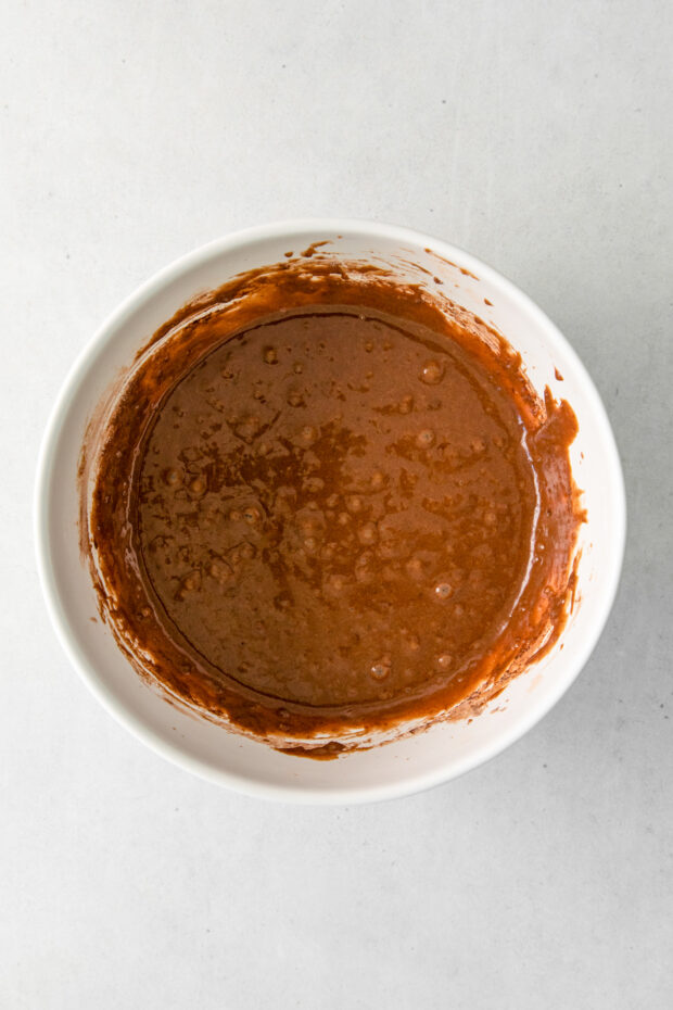 Chocolate cupcake batter in a bowl. 