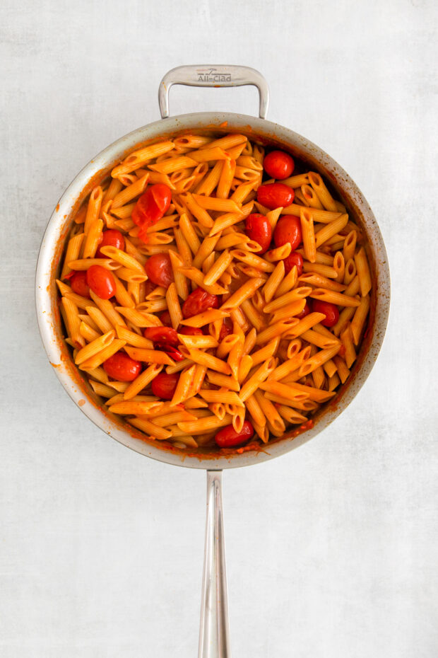 Penne Arrabbiata in a skillet. 