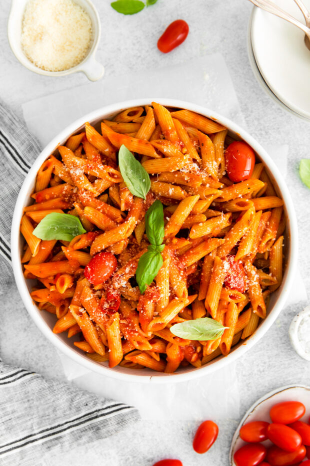 Penne Arrabbiata in a large serving bowl. 