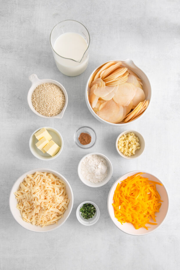 Ingredients to make cheesy scalloped potatoes.