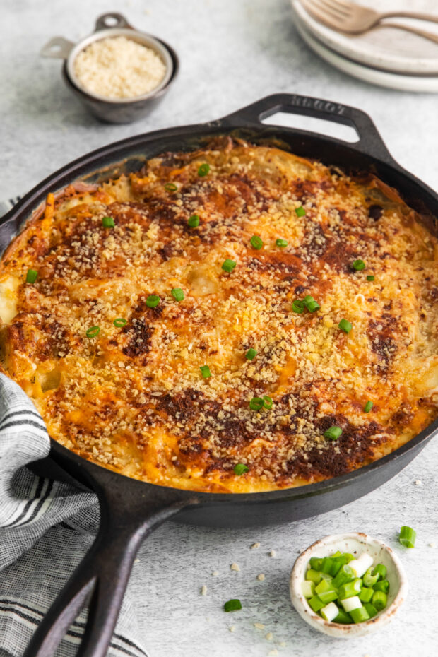 Homemade Scalloped Potatoes with panko bread crumbs on top.