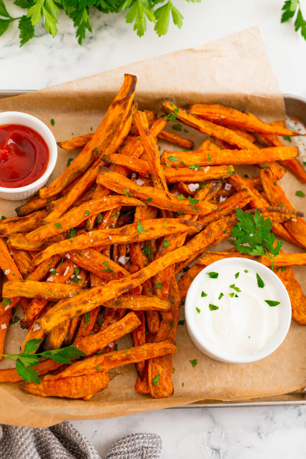 Sweet Potato Fries served with dipping sauces. 