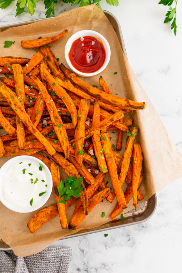 Sweet Potato Fries on a small sheet pan. 