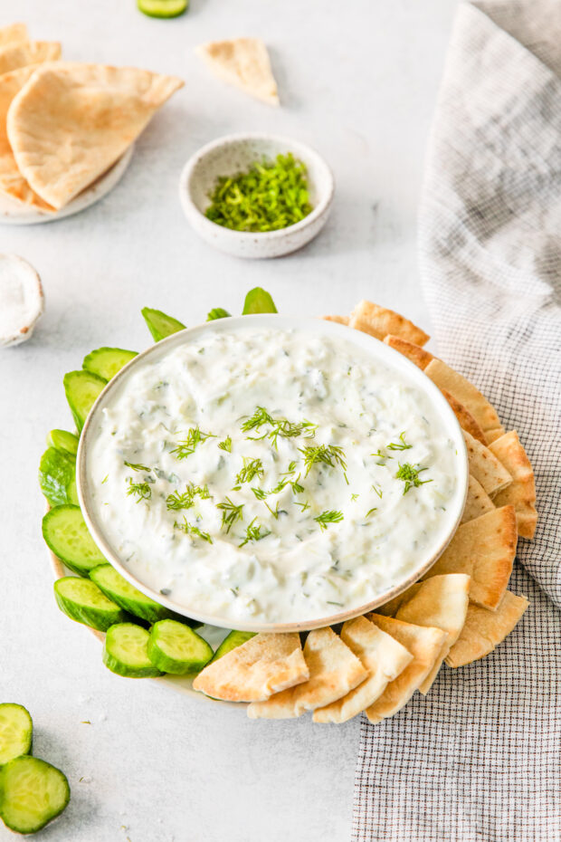 Tzatziki Sauce topped with fresh dill.