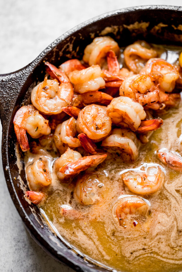 Cajun Honey Butter Shrimp in a skillet.