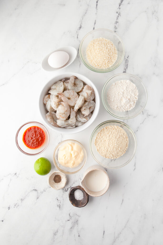 Crispy Air Fryer Shrimp ingredients on a table.