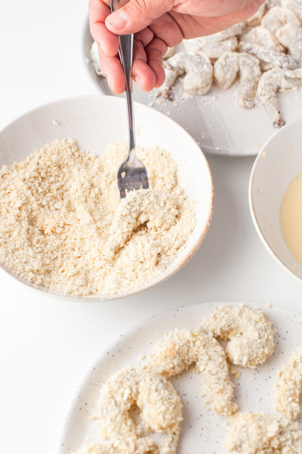 Shrimp coated in panko breadcrumbs.