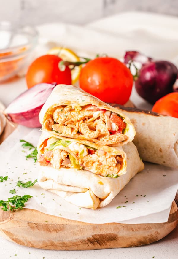 Buffalo Chicken Wrap cut in half. 