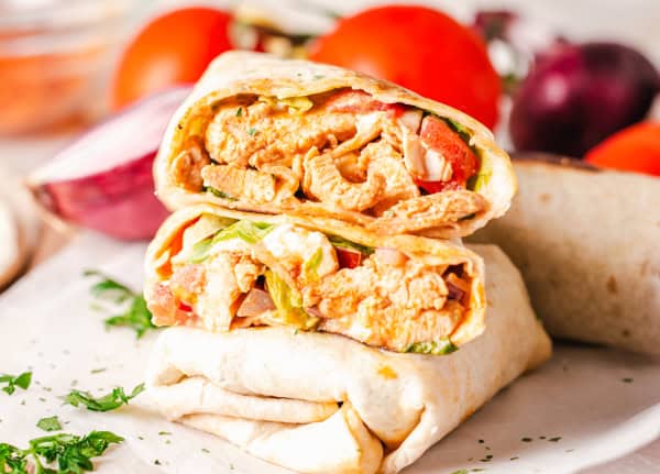 Buffalo Chicken Wrap in a flour tortilla. 