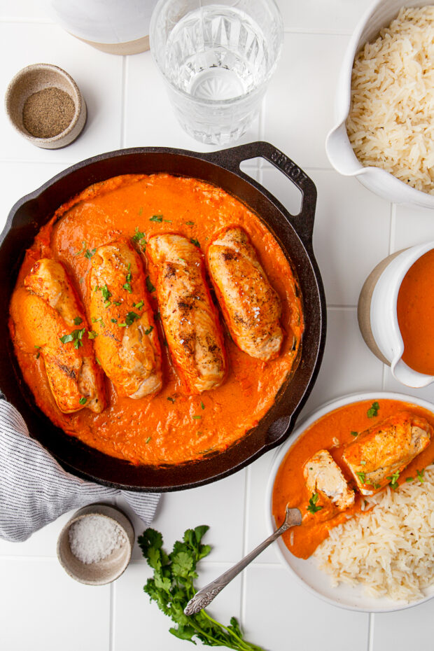 Creamy Chipotle Chicken in a skillet and served on a plate. 