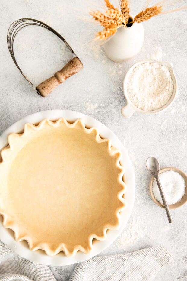 Homemade Buttery Pie Crust on a table.