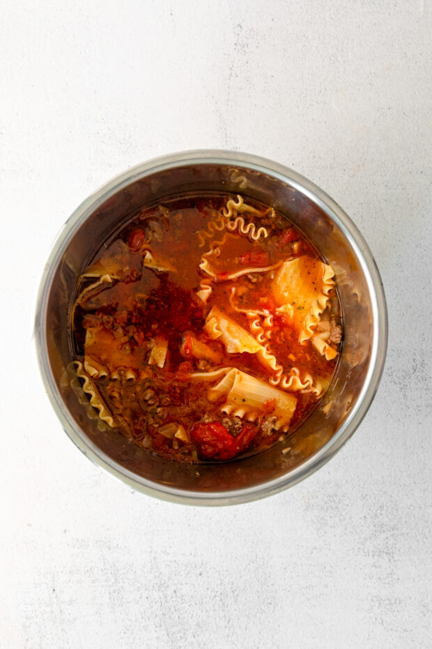 Cooked Instant Pot Lasagna Soup in a bowl.