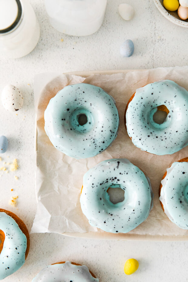 Robin's Egg Baked Donuts sitting on a table. 