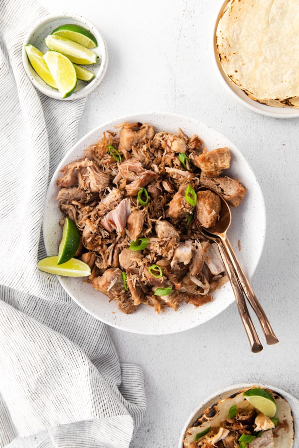 Crock pot pork carnitas in a bowl.