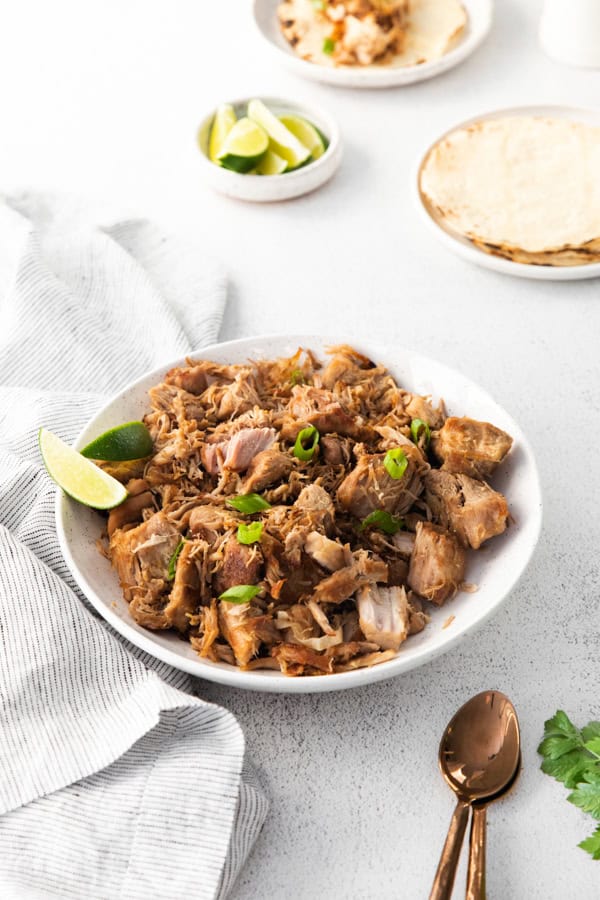 Slow Cooker Pork Carnitas on a plate with a tortilla.