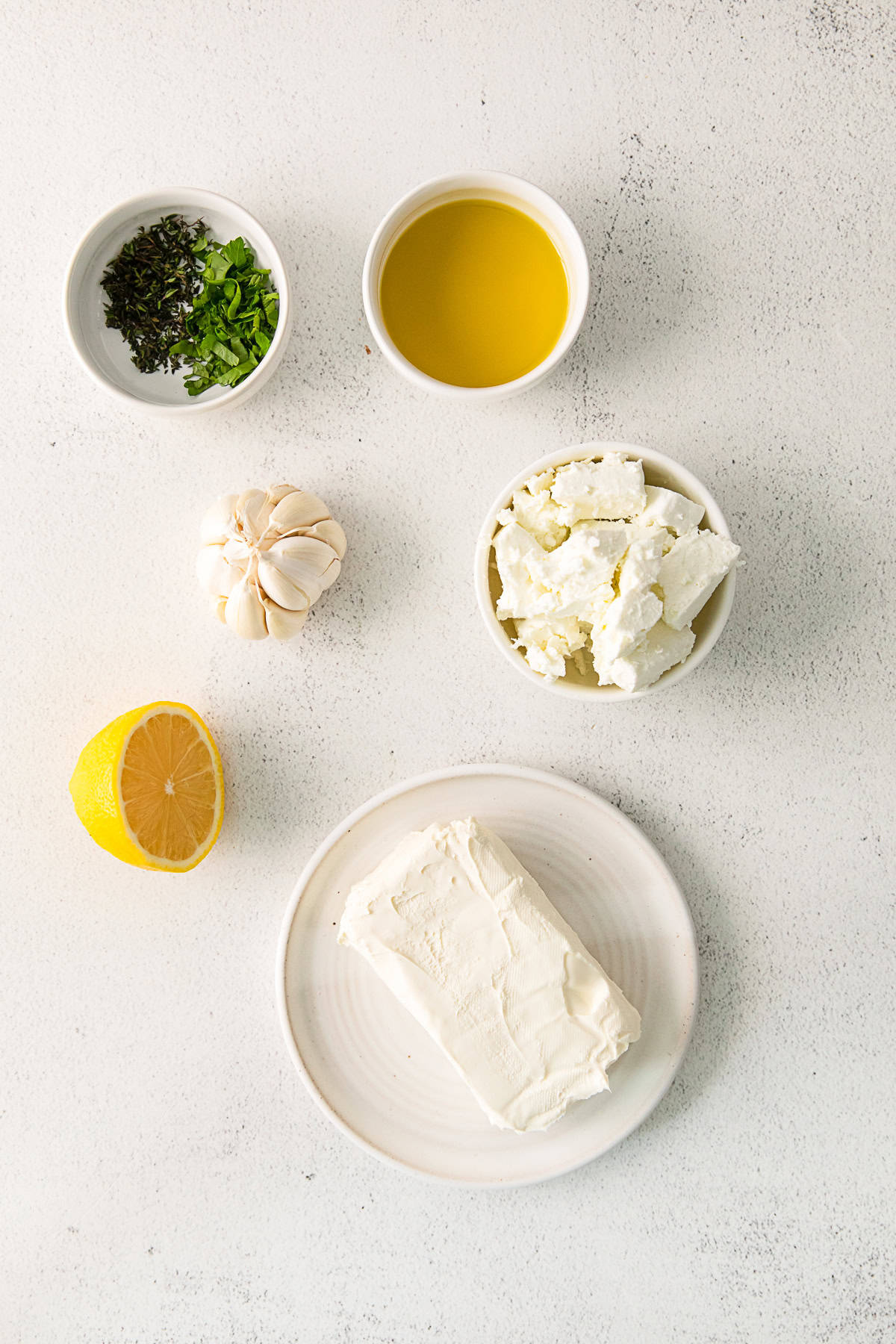 Ingredients to make Roasted Garlic Whipped Feta.