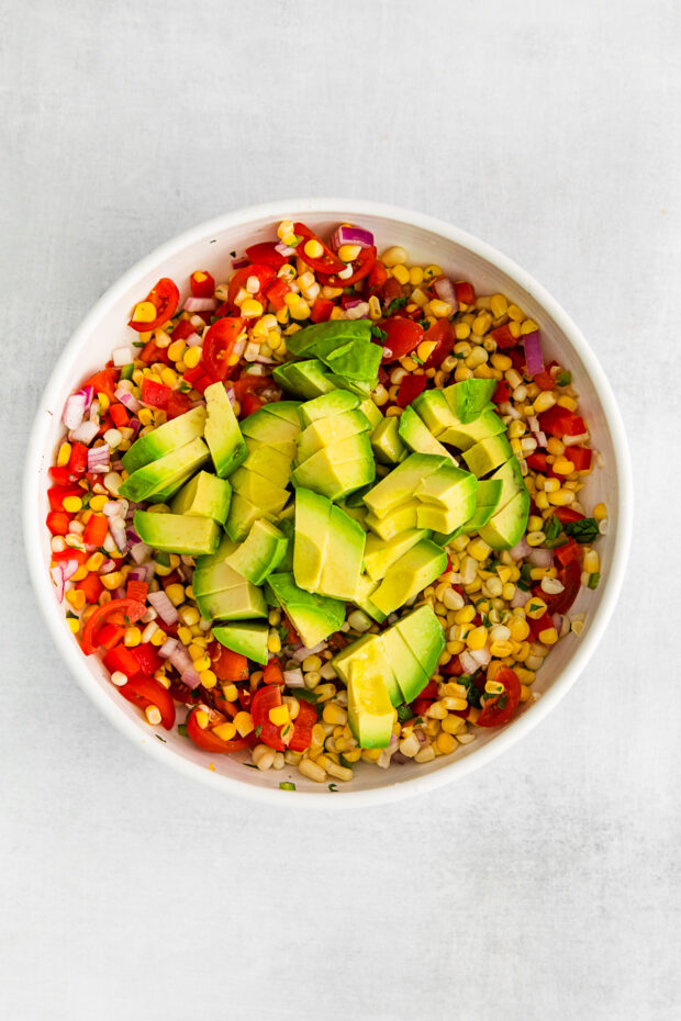 Avocado Corn Salad before it gets mixed together. 