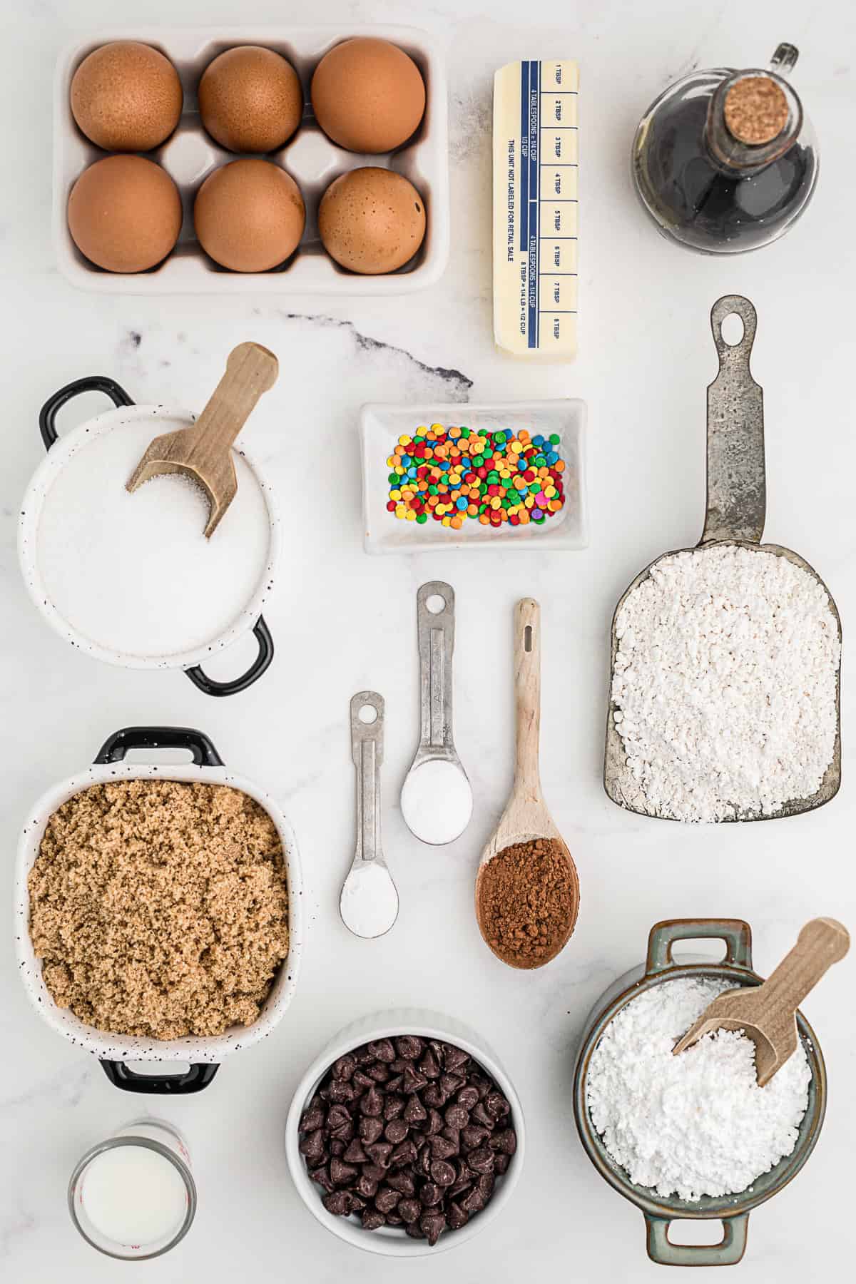 Ingredients to make a Chocolate Chip Cookie Cake. 