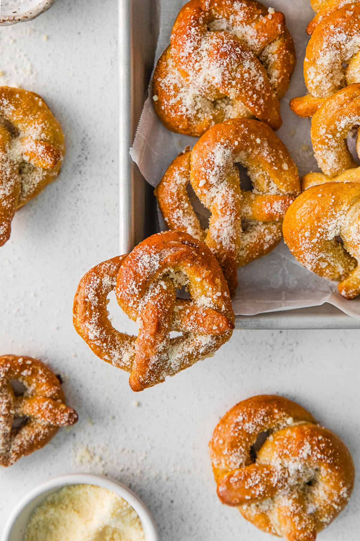 Garlic Parmesan Soft Pretzels on a tray.