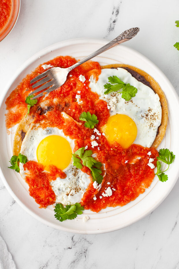 Huevos Rancheros served on a plate. 
