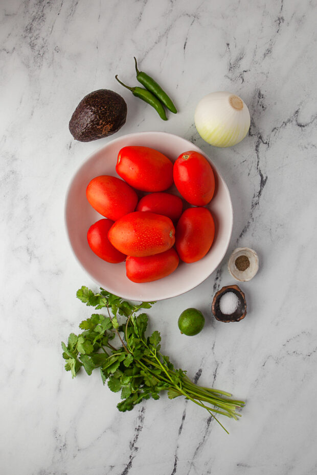 Pico de Gallo ingredients on a table. 