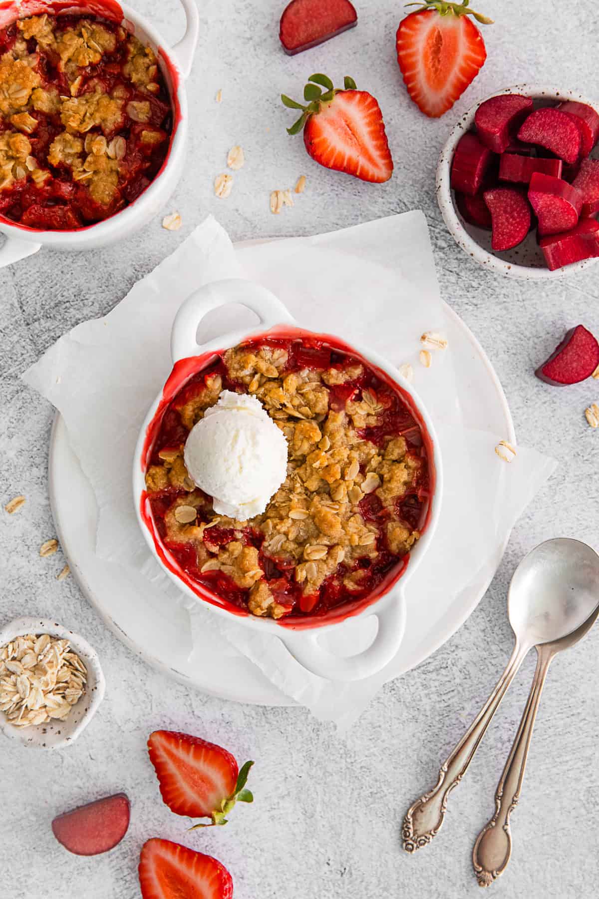 Strawberry Rhubarb Crisp in a small ramekin.