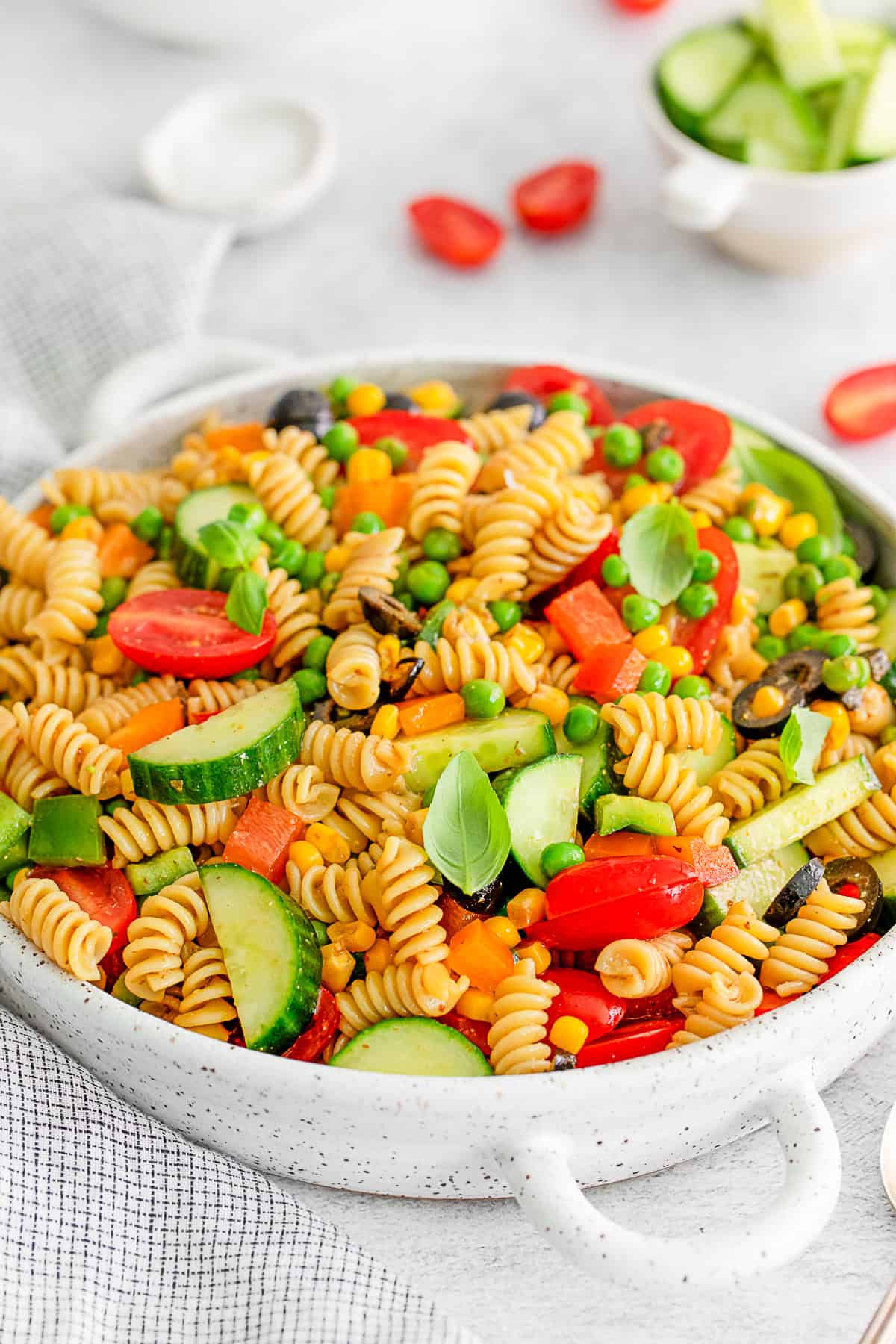 Summer Pasta Salad in a white bowl. 