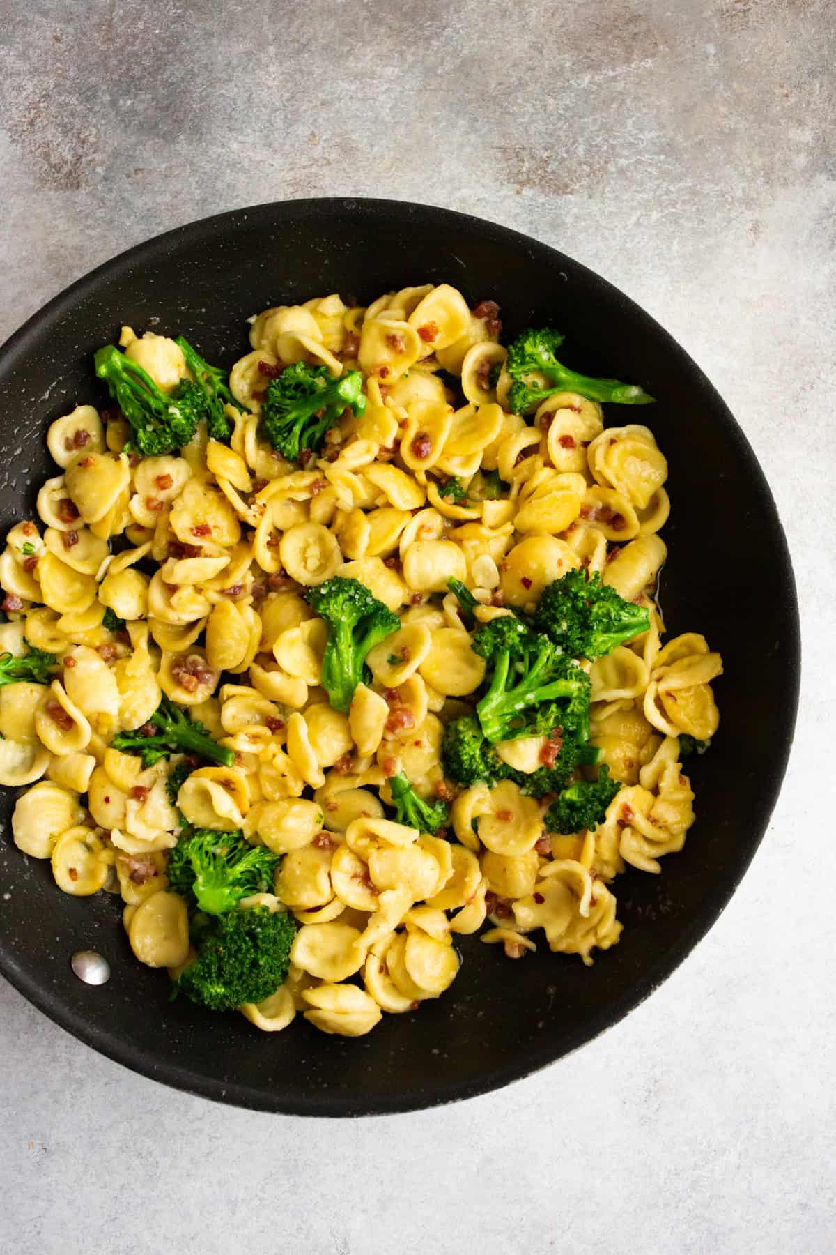 Broccoli Rabe Pancetta Pasta in a skillet.