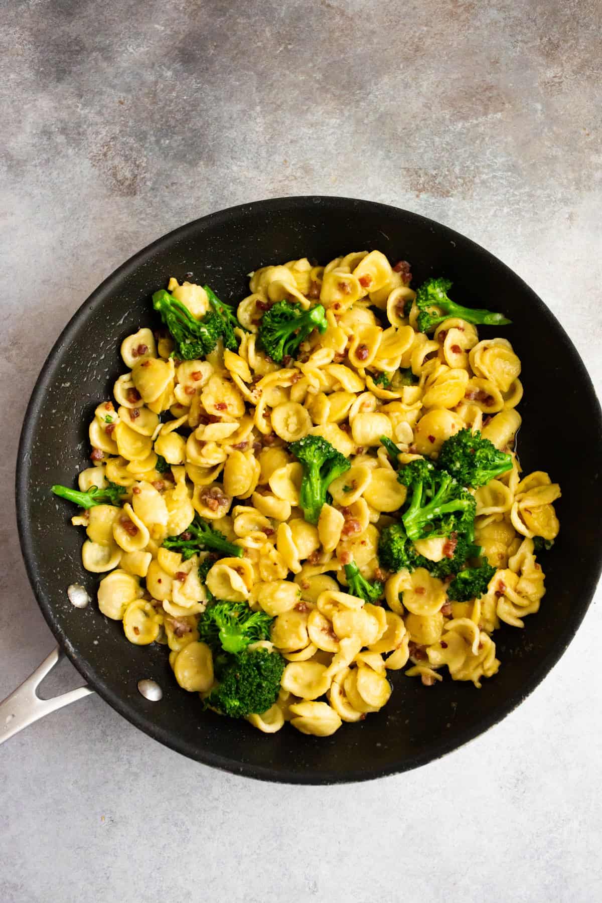 Broccoli Rabe Pancetta Pasta in a skillet.