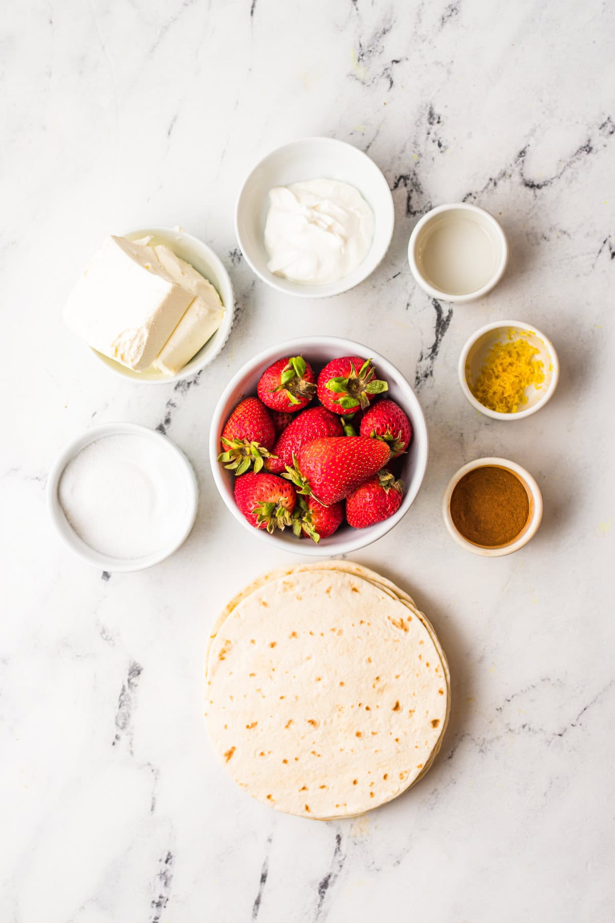 Ingredients for Air Fryer Strawberry Cheesecake Chimichangas. 