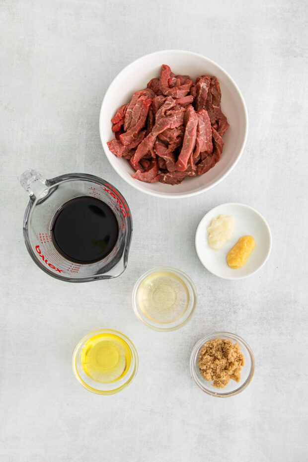 Beef Bulgogi Rice Bowls ingredients on a table. 