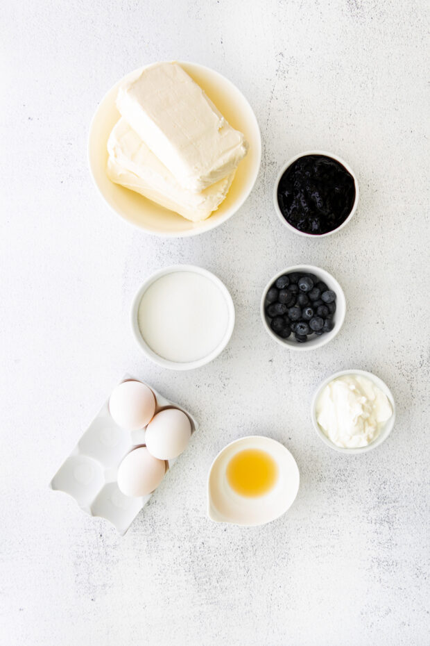 Ingredients to make blueberry cheesecake filling. 