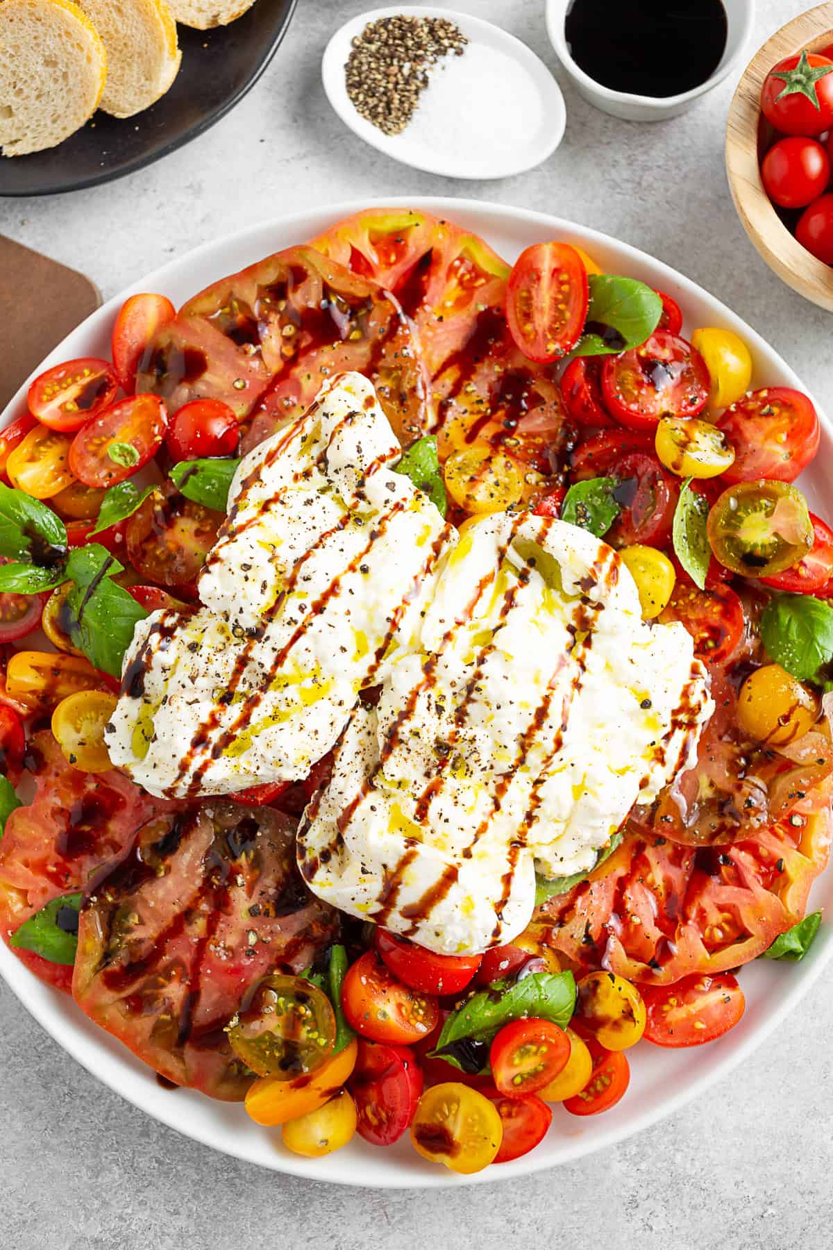 Burrata Caprese Salad on a large serving platter. 
