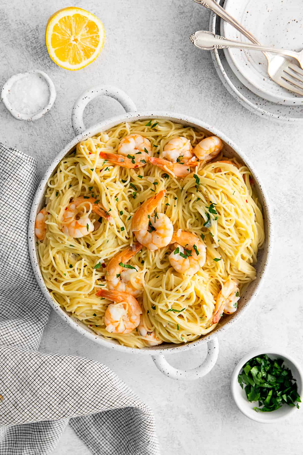Instant Pot Shrimp Scampi served with pasta. 
