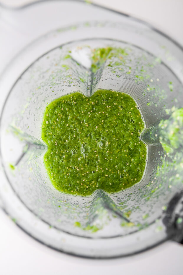 Blended Homemade Salsa Verde in a blender container. 