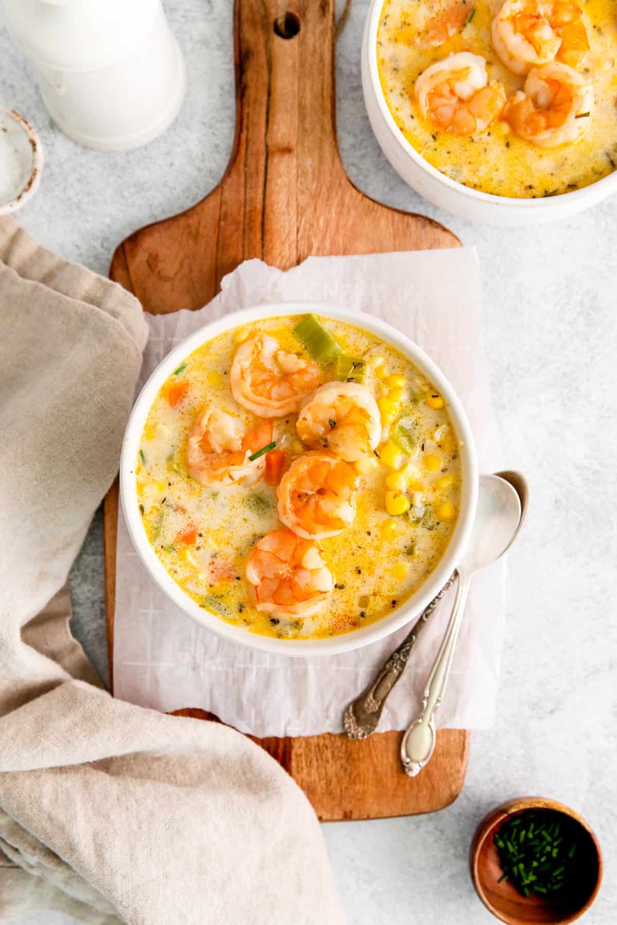 Shrimp Corn Chowder in a bowl. 