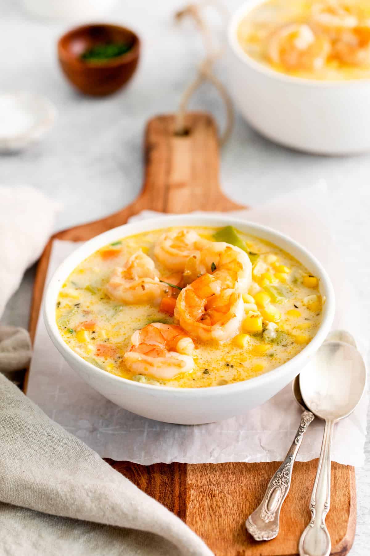 Shrimp Corn Chowder topped with extra shrimp. 