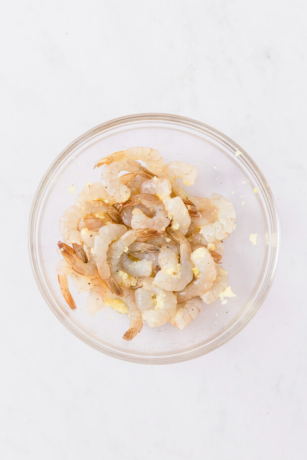 Garlic marinated shrimp in a bowl. 