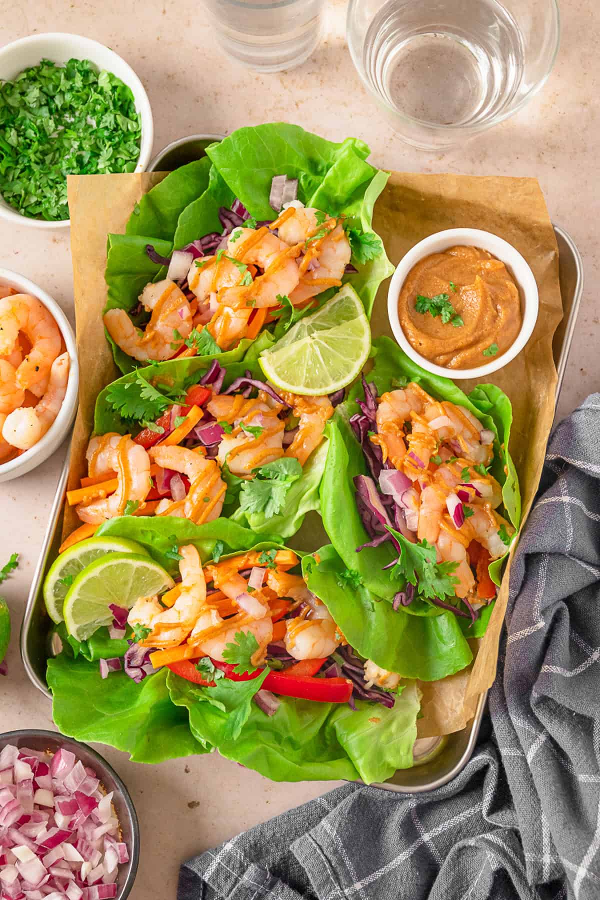 Shrimp Lettuce Wraps with Peanut Sauce served with extra peanut sauce. 