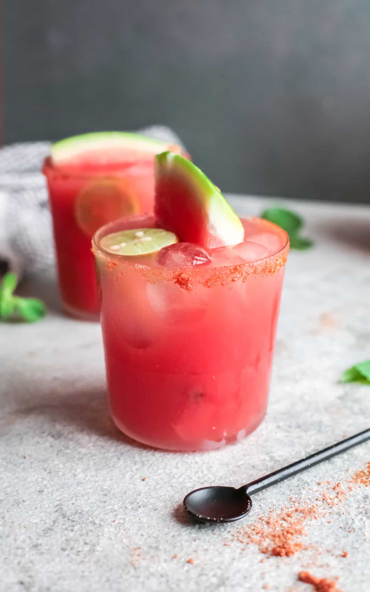 Watermelon Paloma rimmed with Tajin and kosher salt. 