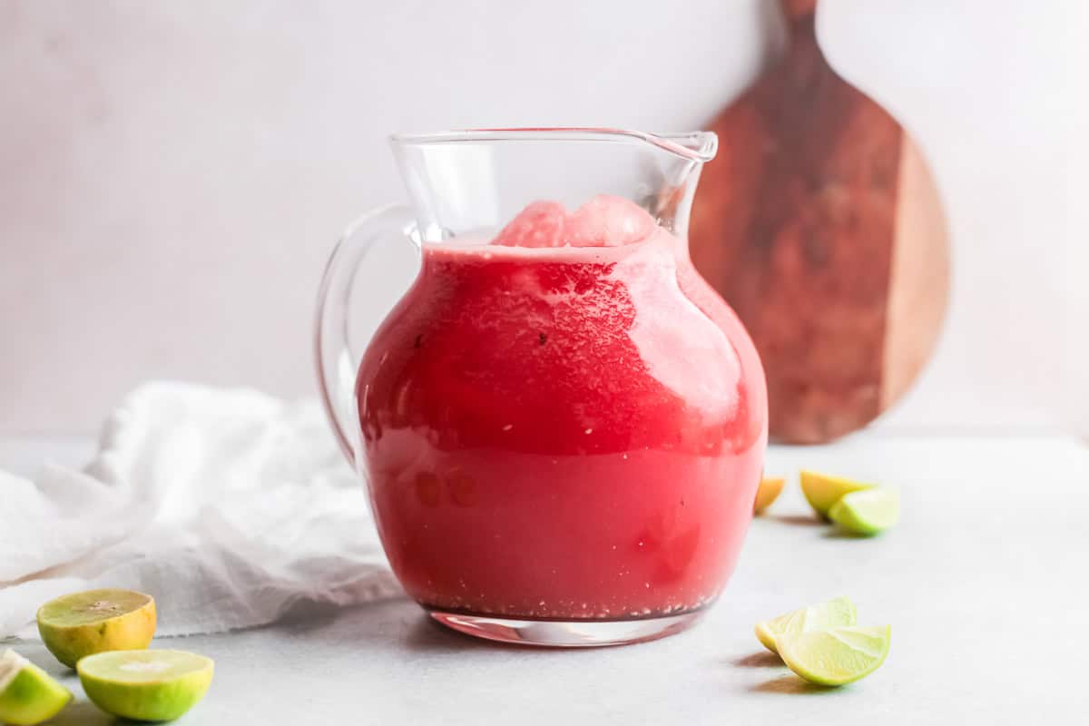 A pitcher of watermelon Palomas. 