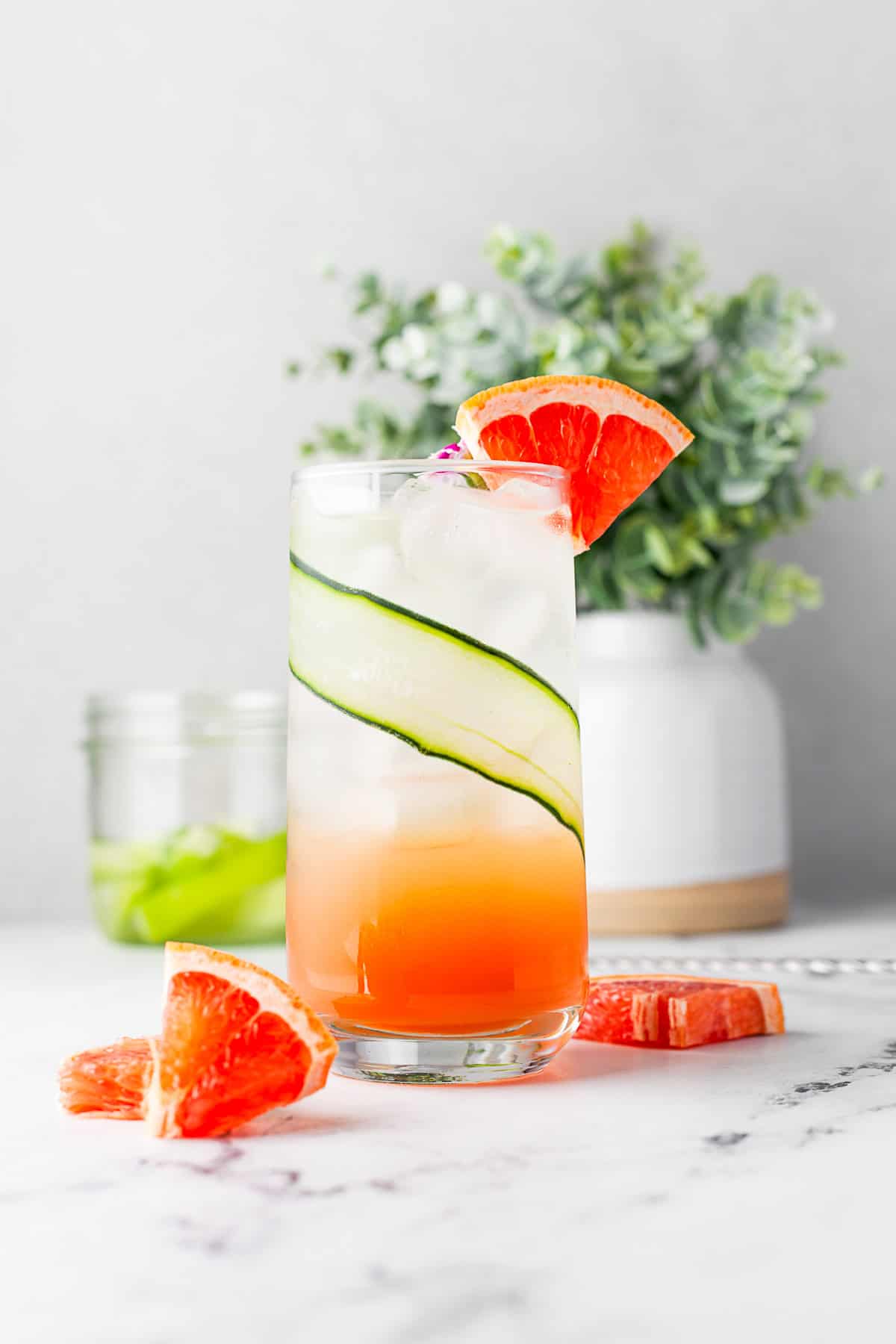 Grapefruit Gin Fizz in a tall cocktail glass. 