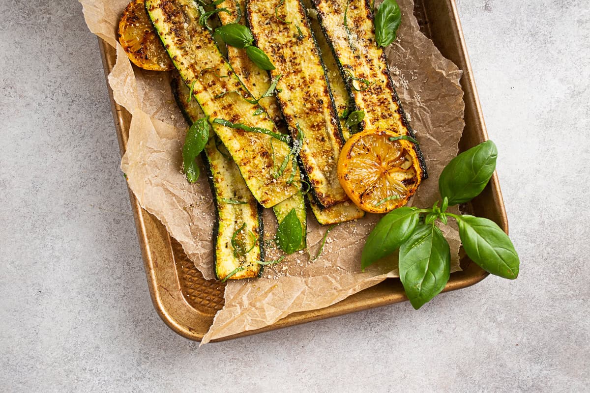 Grilled Zucchini on a sheet pan. 