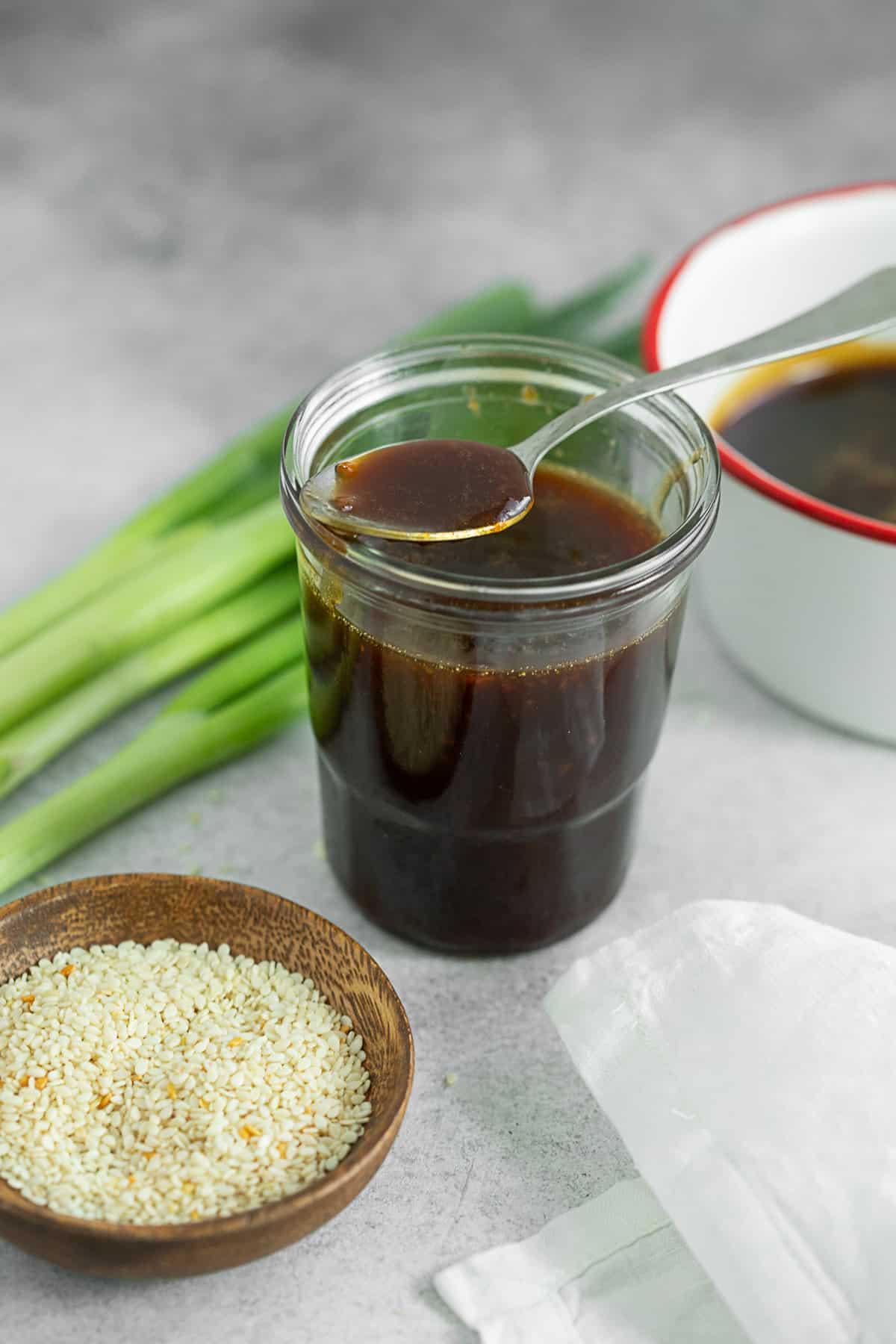 Homemade Teriyaki Sauce in a small glass jar.